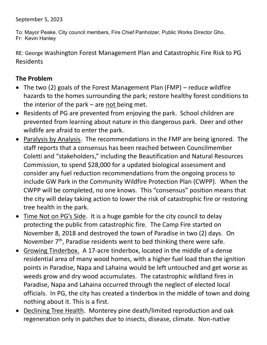 First page of Kevin Hanley’s George Washington Park fire-risk plan